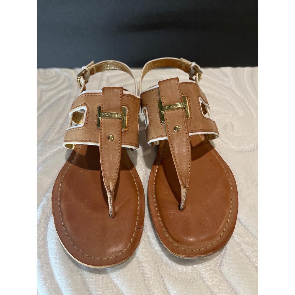 Tommy Hilfiger Womens Tan White Gold T-Strap Slingback Thong Sandals Size 6.5
